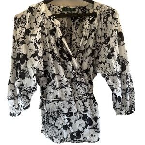 Lauren Ralph Lauren Womens Tie Wrap Top Size Medium Black/White V Neck